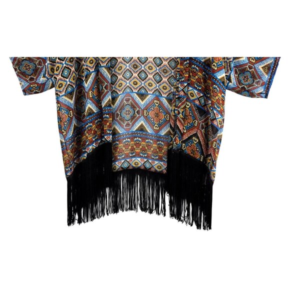 Kimono Boho Tribal Black Fringe Cardigan M by B_envied Wrap Gypsey Floral - Picture 4 of 13